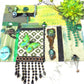 Decorative Collage of Green Fabrics, Recycled Jewelry, Flowers & Mini Picture Frame, Wall Art, Wall Hanging