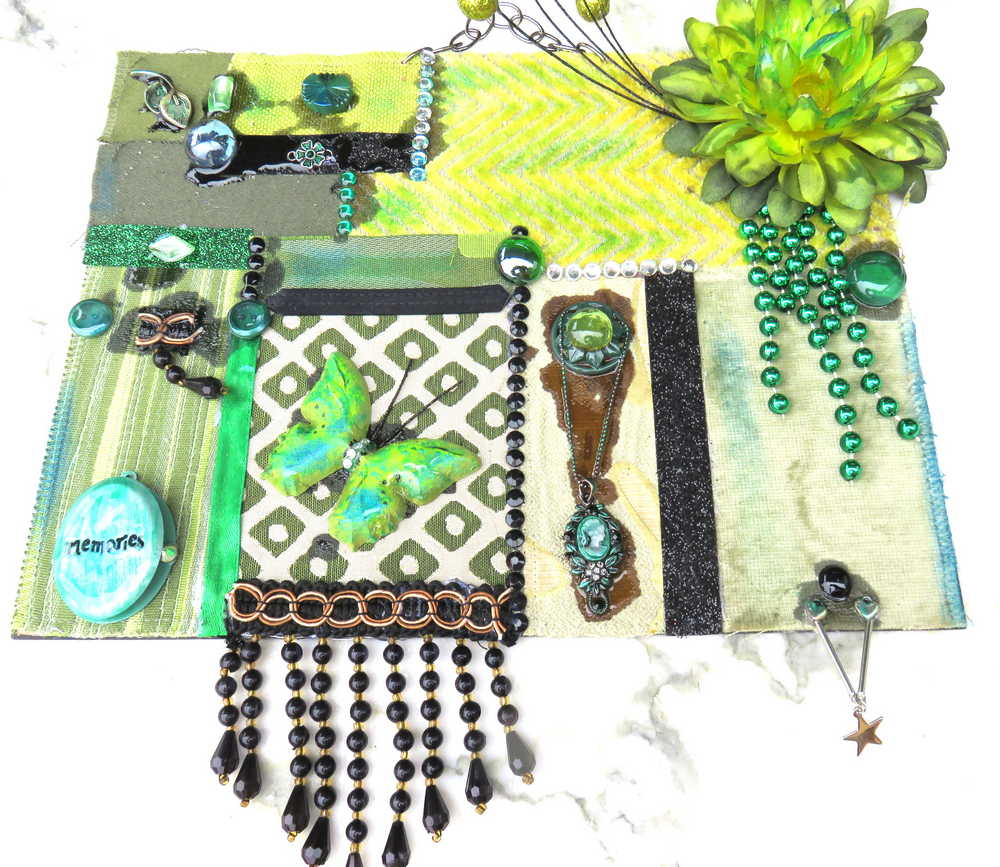 Decorative Collage of Green Fabrics, Recycled Jewelry, Flowers & Mini Picture Frame, Wall Art, Wall Hanging