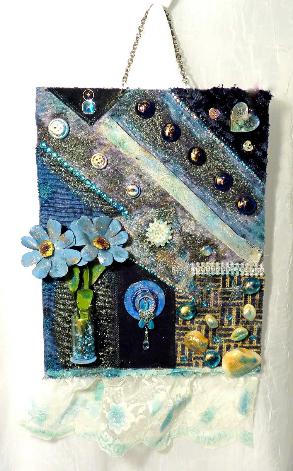 Multi Media Fabric Art Wall Piece in Shades of Blue, Collage, Decorative Wall Art