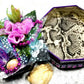 Black Tin Octagon Jewelry, Trinket, Stash Box with Snake Print, Roses and  A Butterfly