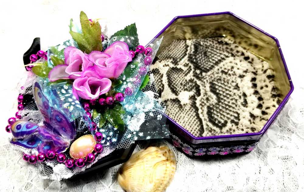 Black Tin Octagon Jewelry, Trinket, Stash Box with Snake Print, Roses and  A Butterfly