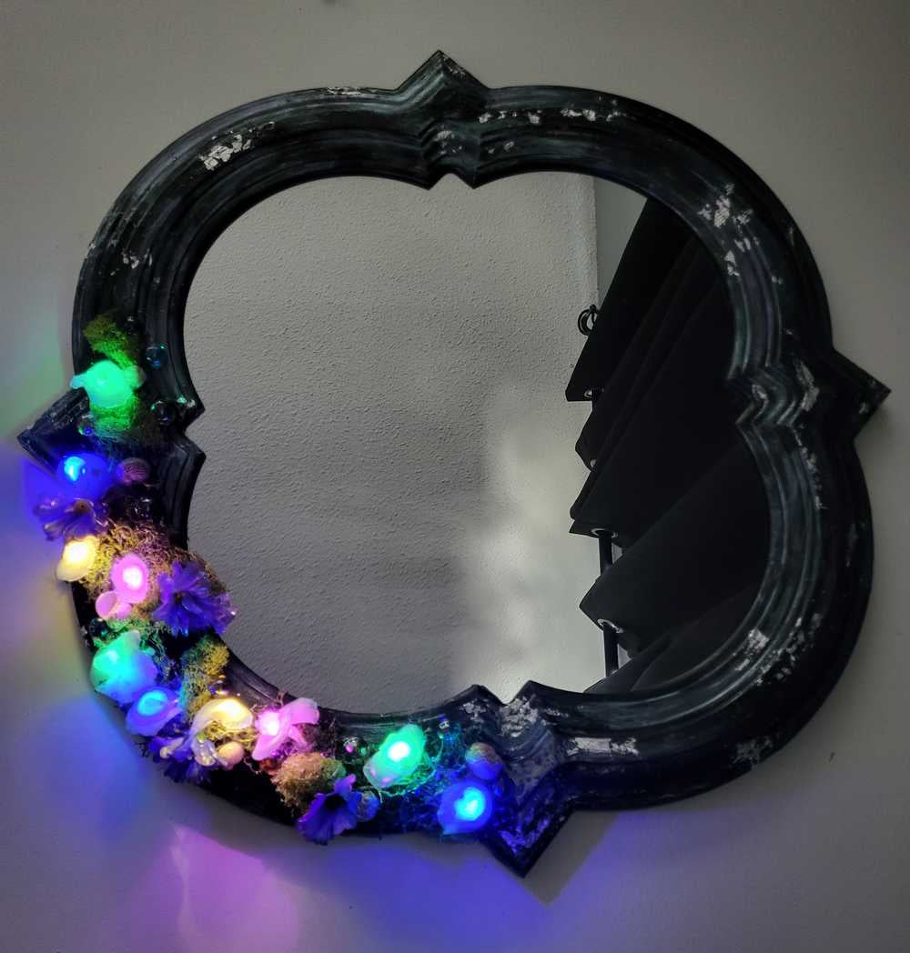 Black Hand Painted Unique Shaped Wall Mirror with Handmade Mushroom Colored Lights, 3 Settings