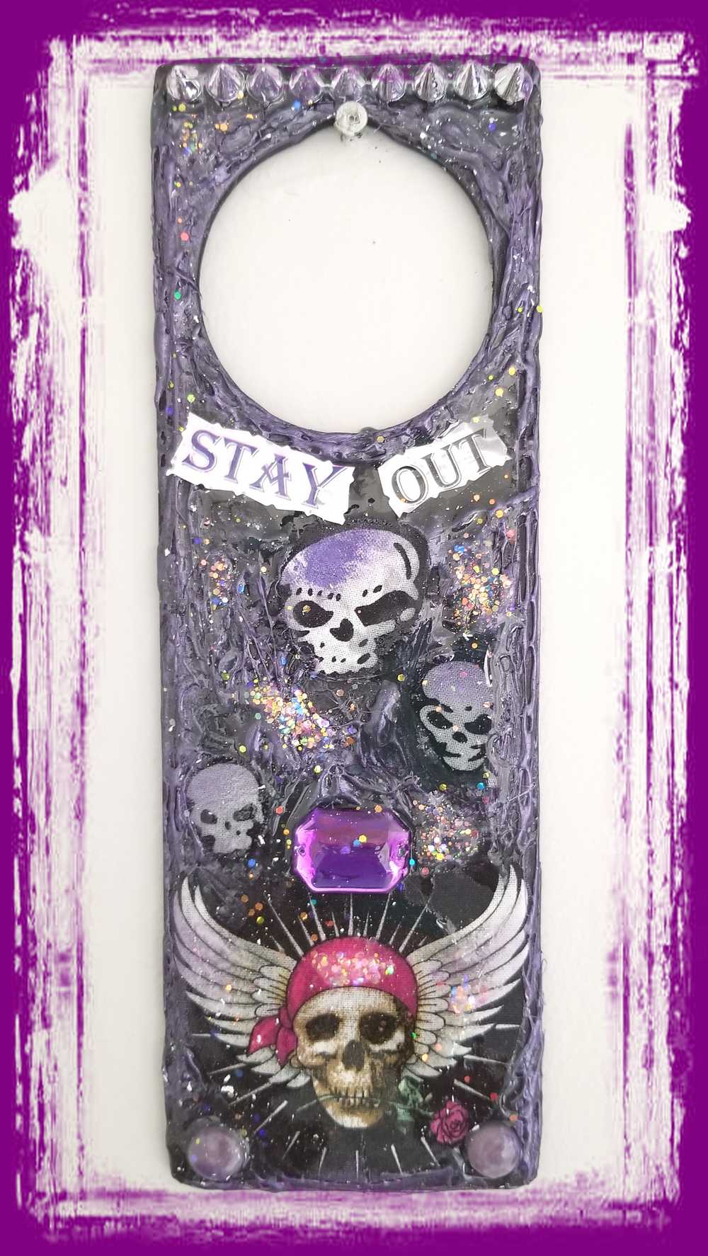 "Stay Out" Door Knob Signs with Skulls, a Dagger, a Rose and a Heart in Black & Purple