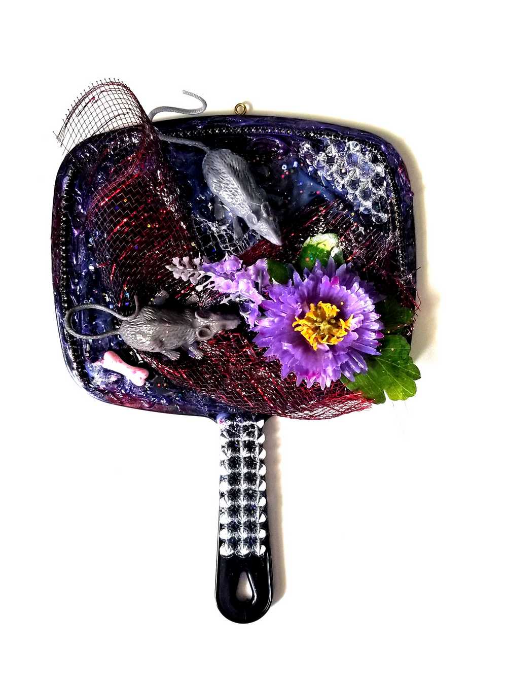 Black Studded Hand Held Mirror with Rats and Purple Flowers. Punk Art