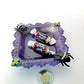 Creepy, Adorable Purple Candle Holder or Candy Dish  with Rhinestone Studded Black Spiders and Green Crosses