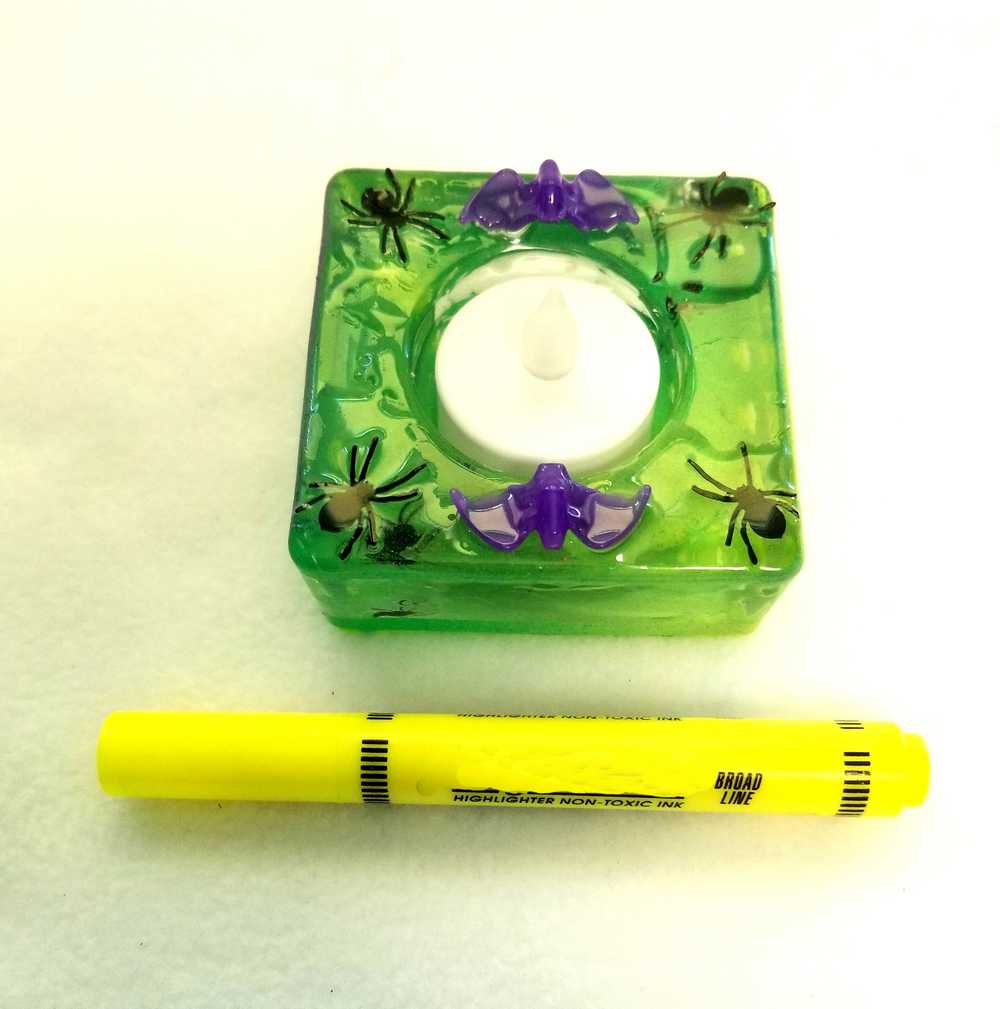 Square Green Candle Holder for a Battery Candle with Black Spiders and Purple Bats