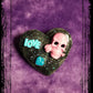 Black Porcelain Heart Shaped Brooch with a Pink Skull and a Teal Heart & Love Charm