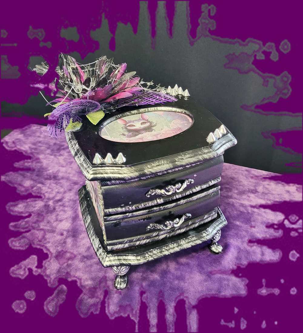 Musical Jewelry Painted Black With Baby Bats, Black & Purple Flower and Silver Spiked Domes