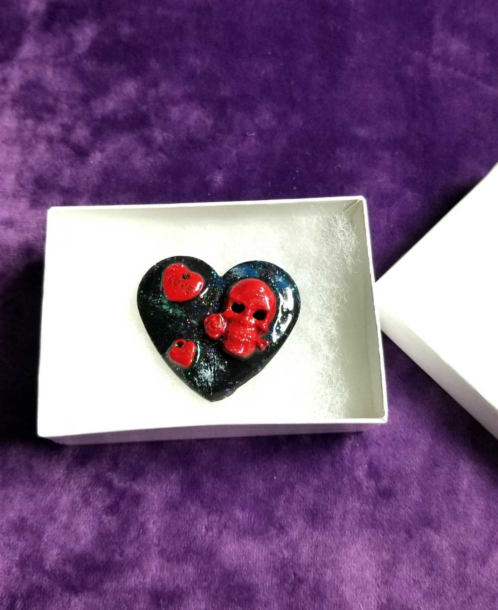 Black Porcelain Heart Shaped Brooch with Red Skull and Heart Charms