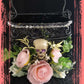 Black Metal Skull Container, with Pink Roses, Container for Dry/Silk Flowers