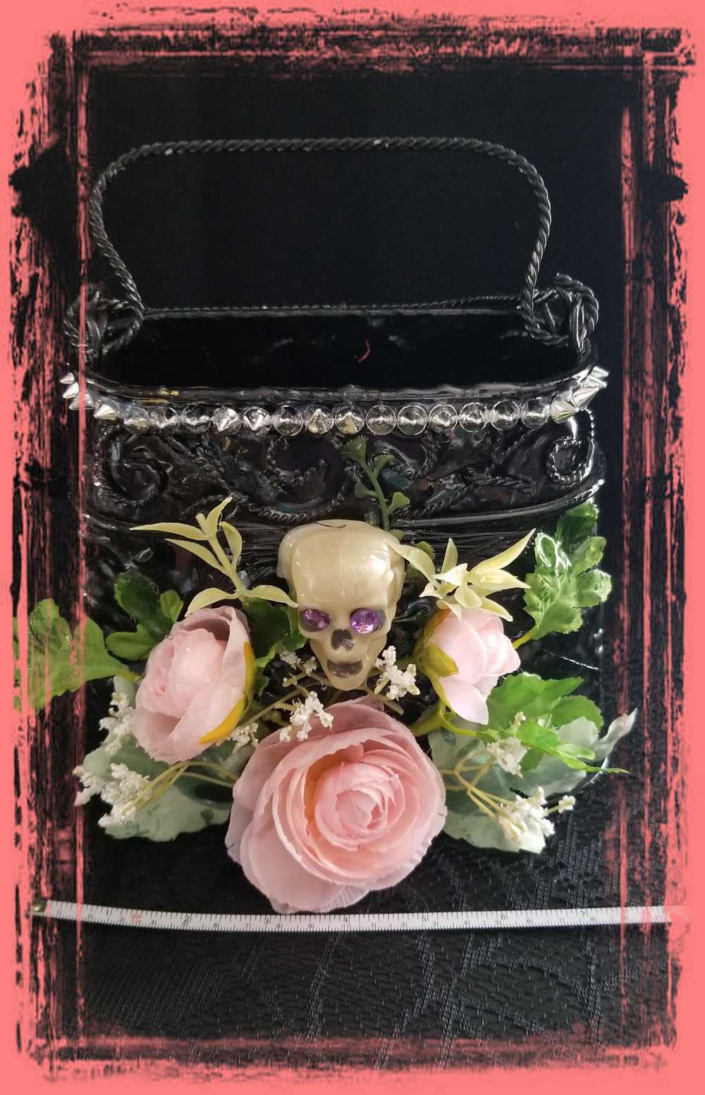 Black Metal Skull Container, with Pink Roses, Container for Dry/Silk Flowers