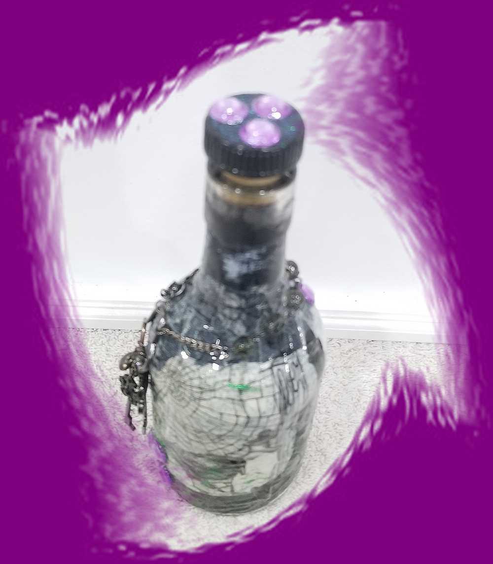 Altered Glass Bottle, Decanter, with a Crow, Chain with Keys, Purple Gems, Re-Usable