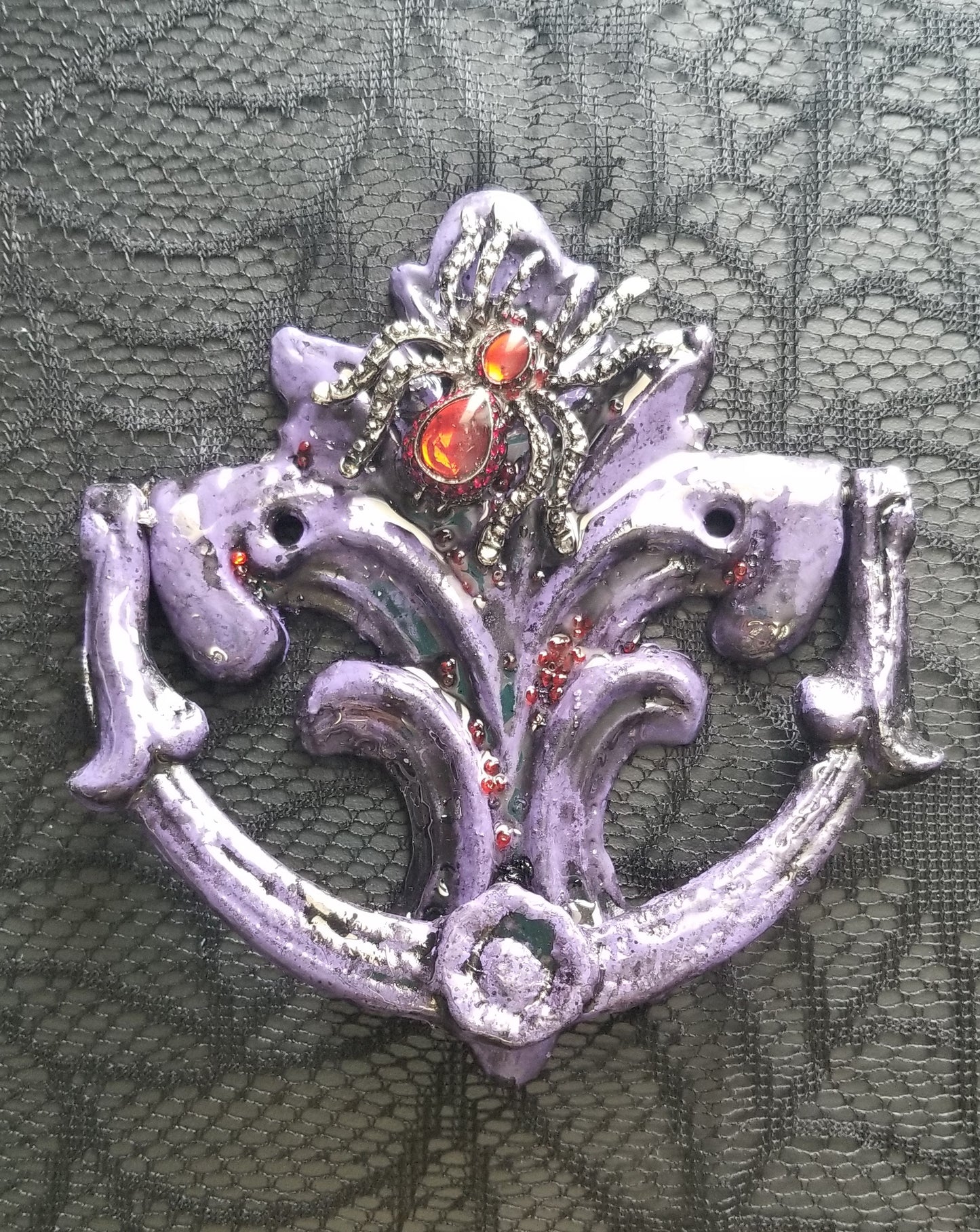 Antique Heavy Metal Door Knocker Painted Deep Purple with Red Studded Gemstone Spider