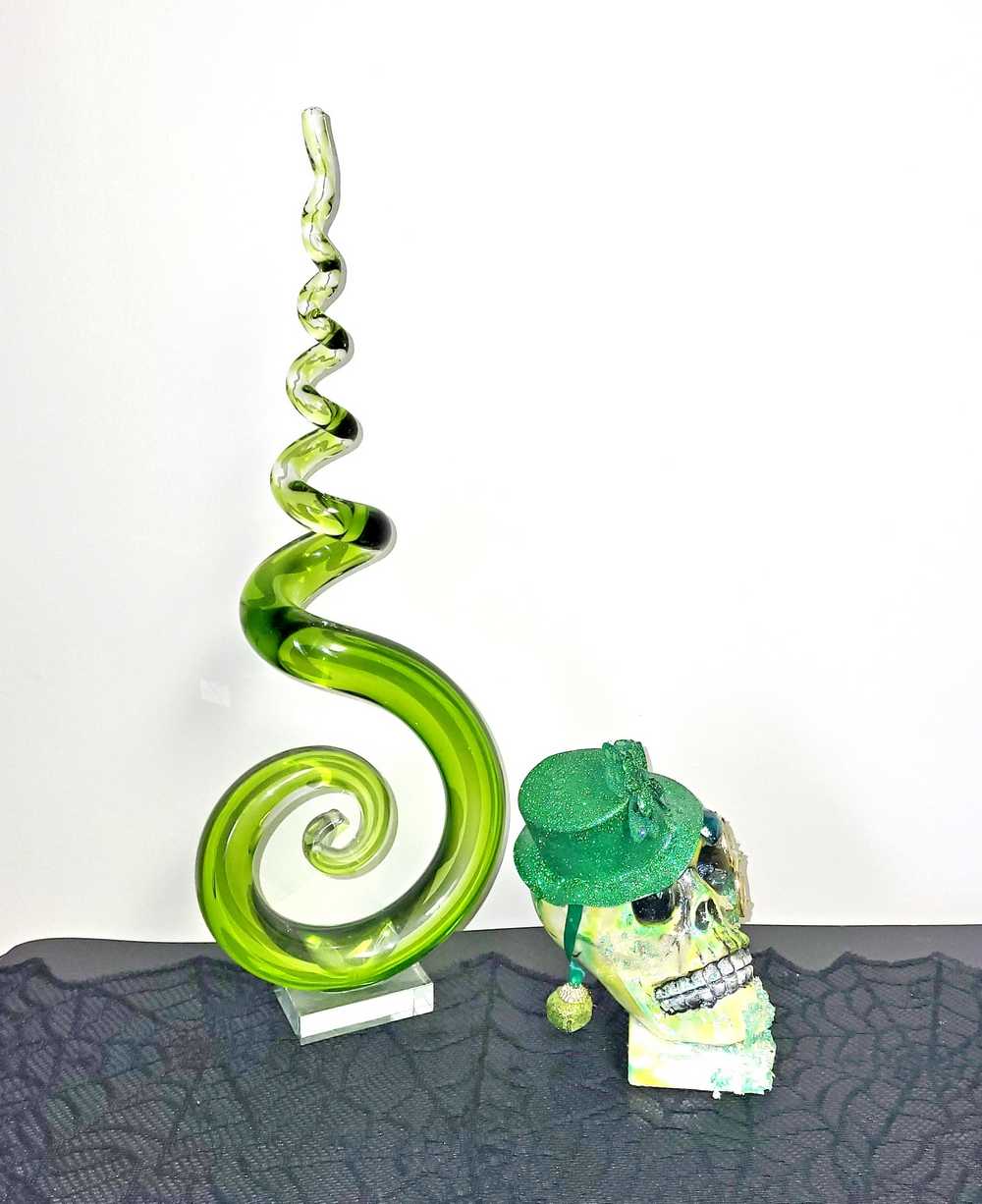 Handmade Resin St. Patrick's Day Skull with Top Hat, Shamrock, Bell & Gold Coins on a Marble Base