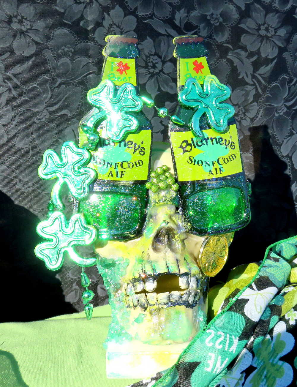 One of a Kind St. Patrick's Skull Decor, Green Beer Goggles, Missing Front Teeth and Shamrocks