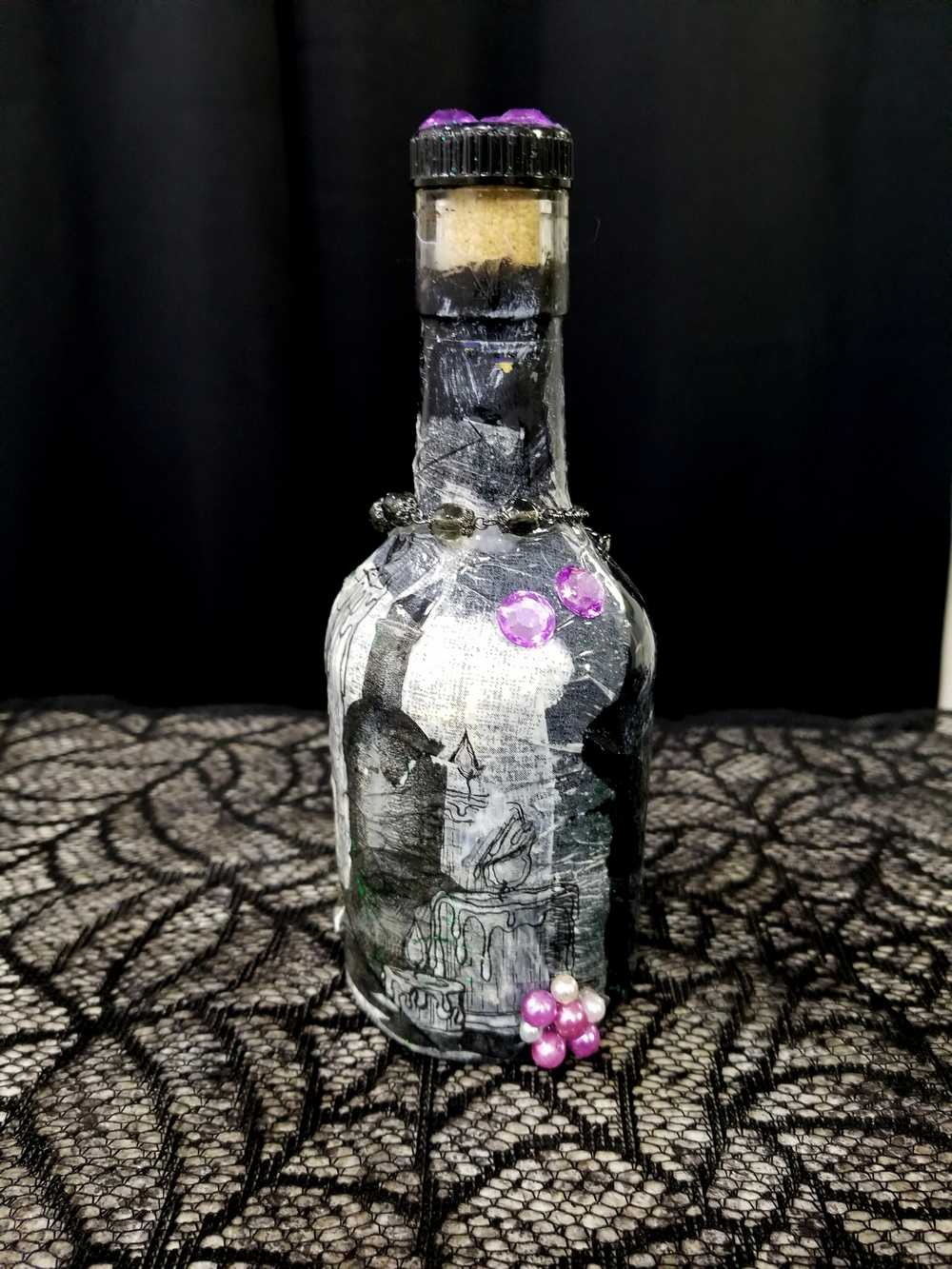 Altered Glass Bottle, Decanter, with a Crow, Chain with Keys, Purple Gems, Re-Usable