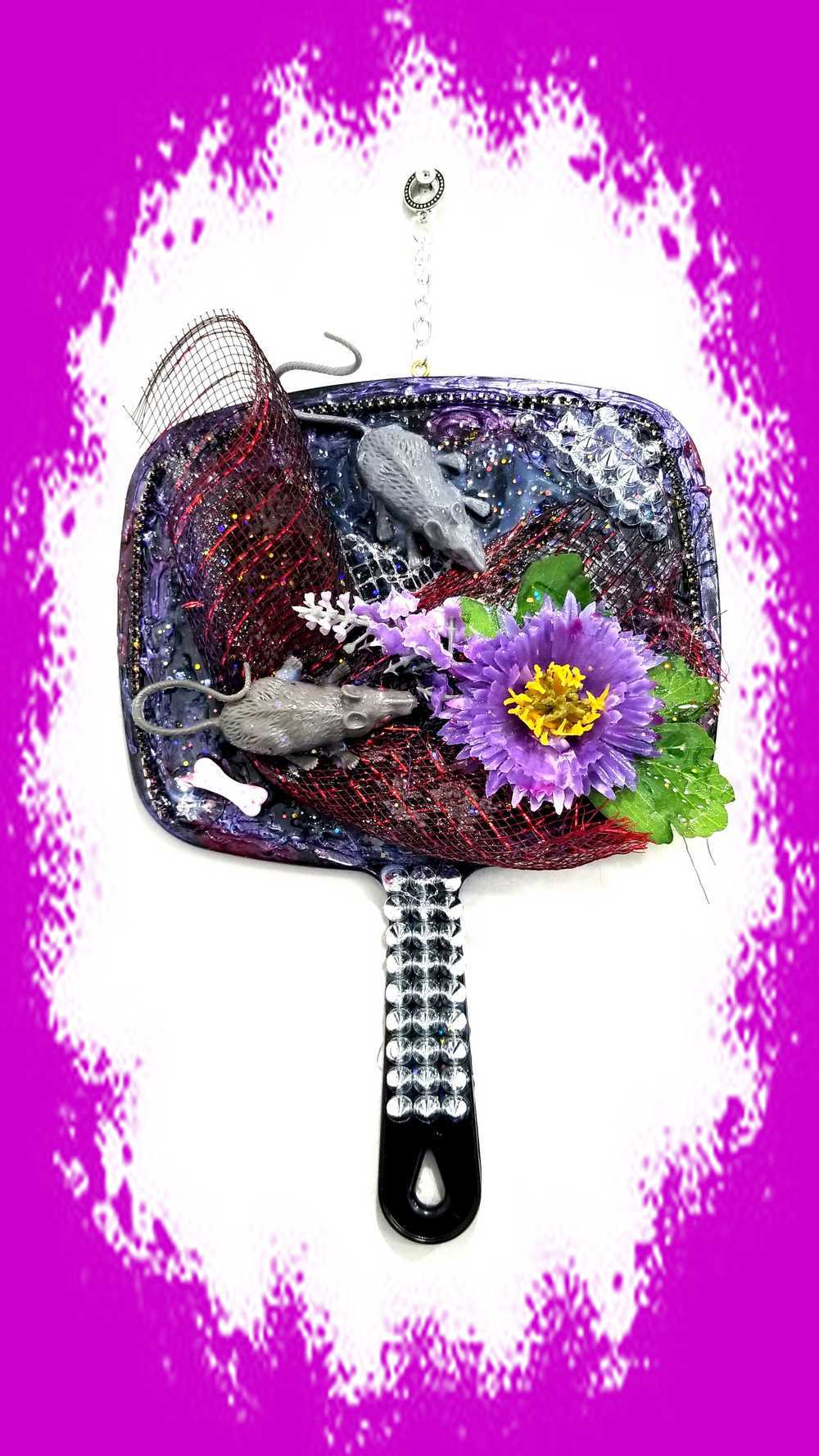 Black Studded Hand Held Mirror with Rats and Purple Flowers. Punk Art