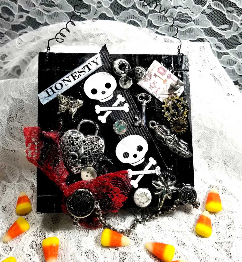 Black Wall Plaque with Skull & Bones Ribbon, Honesty Sign, Recycle Jewelry, Keys & Gears, Punk Goth Sign