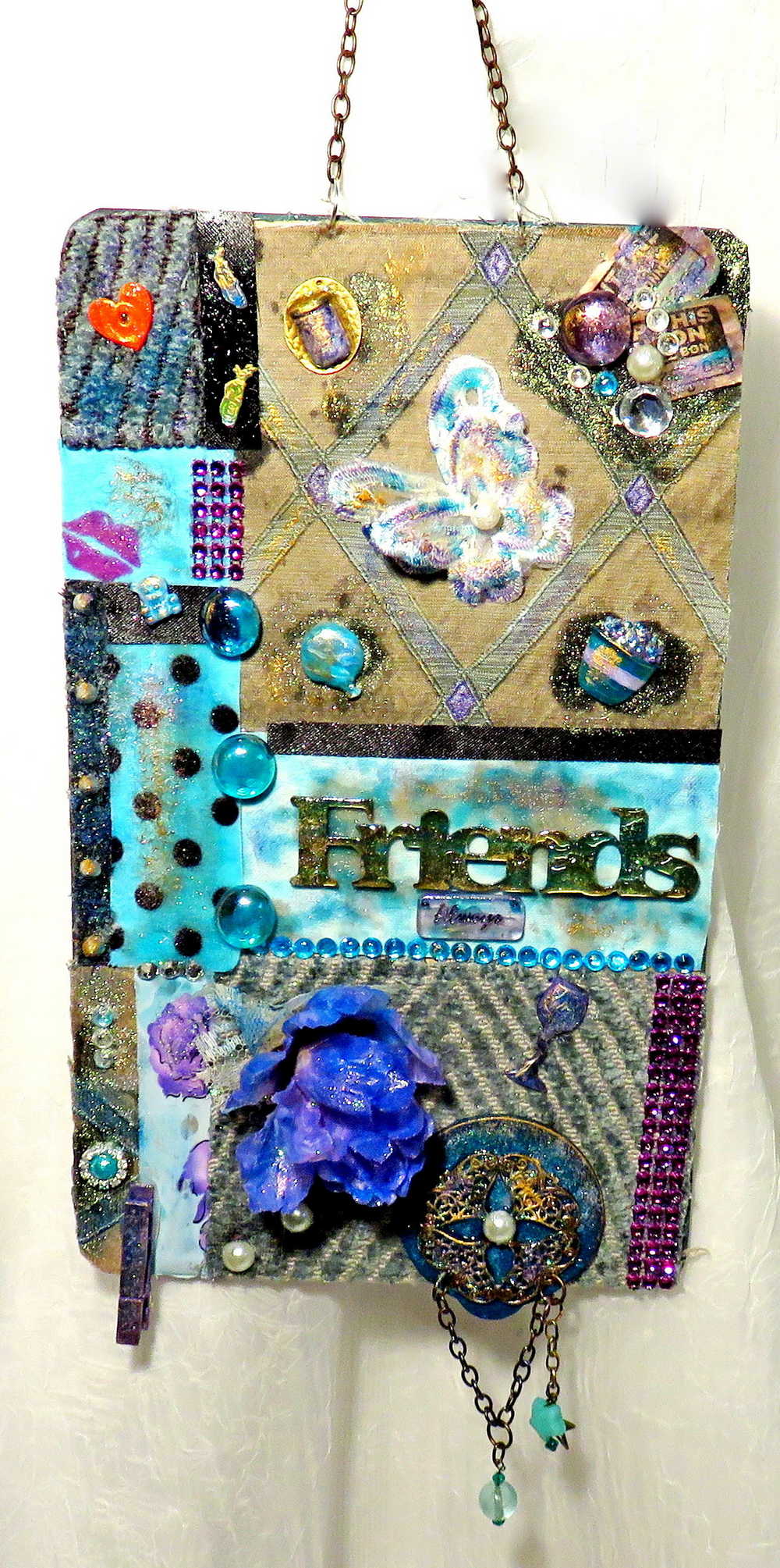 "Friend's" Wall Hanging Collage Using Fabrics In Blues, Purples and Teals, and Holds your "BEST FRIENDS" Photo