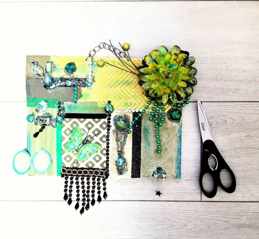 Decorative Collage of Green Fabrics, Recycled Jewelry, Flowers & Mini Picture Frame, Wall Art, Wall Hanging