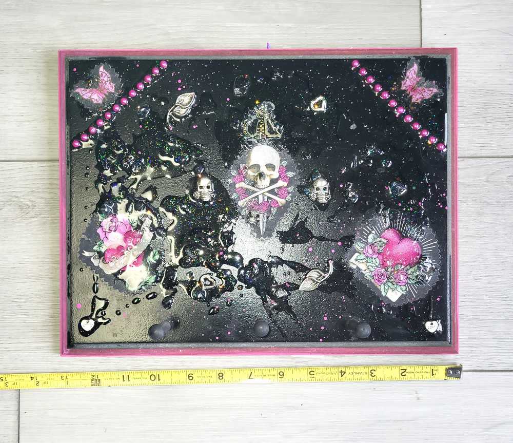 Black Goth Wall Plaque with a Skull with a Sword, Glass and Pink Butterflies