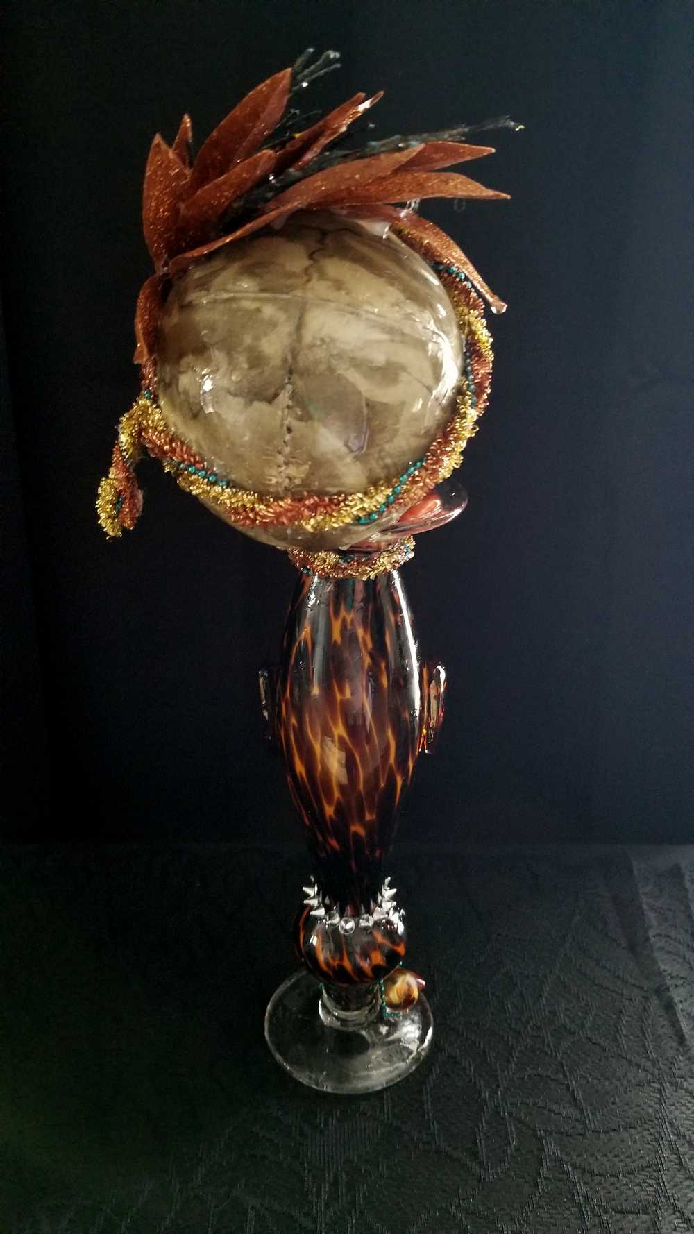 Ellegant Tiger Glass Skull with Silver Studs and Large Amber Beads