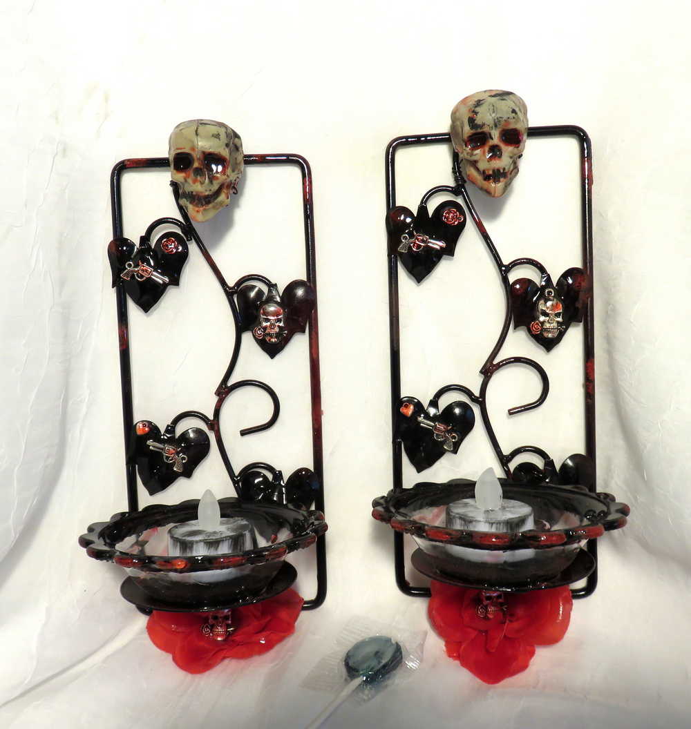 Wall Mounted Battery Candle Holder with Skulls & Red Roses, Glass Bowls Holds Two Battery Candles