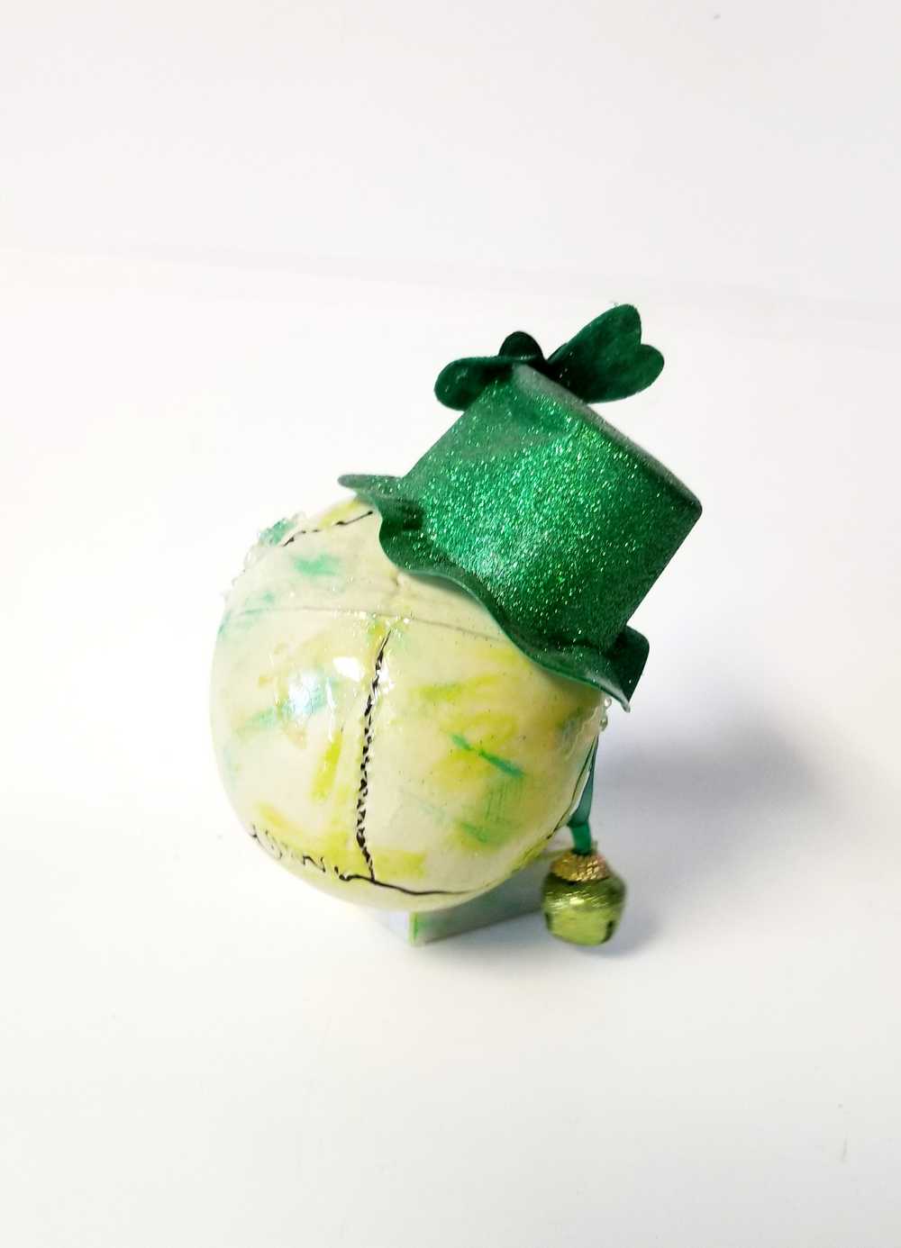 Handmade Resin St. Patrick's Day Skull with Top Hat, Shamrock, Bell & Gold Coins on a Marble Base