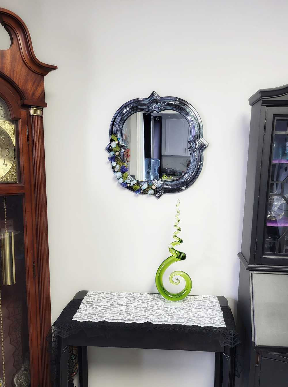 Black Hand Painted Unique Shaped Wall Mirror with Handmade Mushroom Colored Lights, 3 Settings