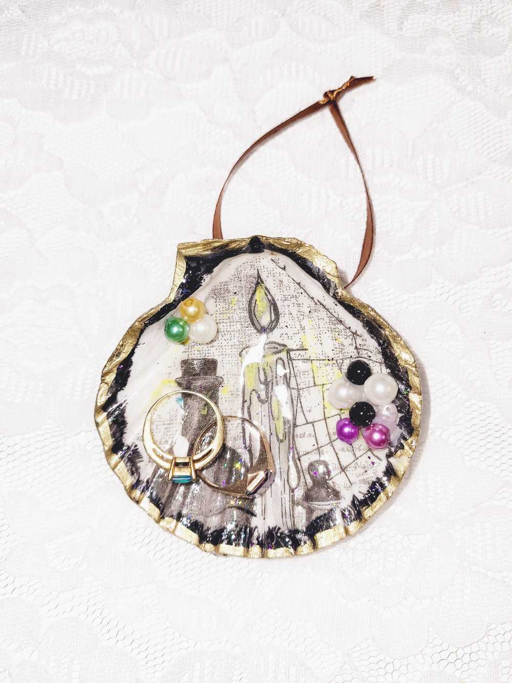 Decoupage Napkins on Sea Shells with Crows, Cobwebs, Potion Bottles & Candles, Hanging Ornament, Clam Shells Decorated