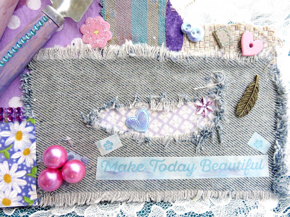 Blue Jean Fabric Wall Plaque with Garden Tools, Purple Flowers, Grapes and Seashells