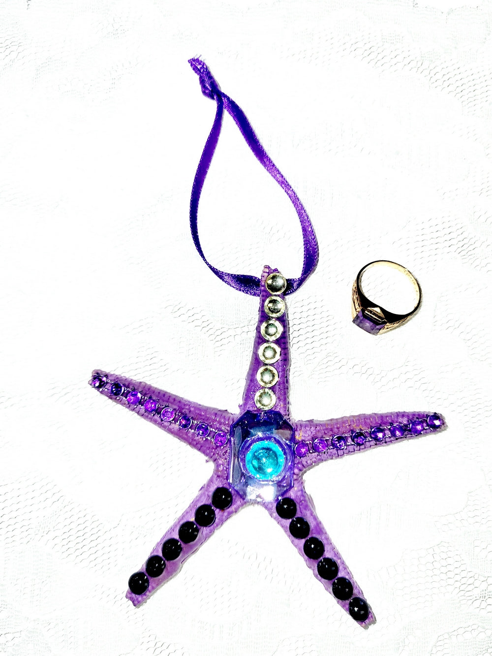 Starfish, Purple with Rhinestones and Gemstones, Seaside Ornaments, Beach Themed Decor