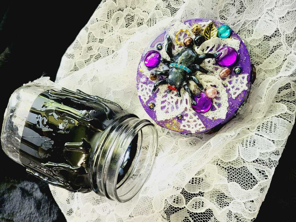 Decorated Mason Jar to fill with Your Favorite Candy, Spices, Dry Goods for Halloween or Everyday,  Large Spider on Wooden Lid