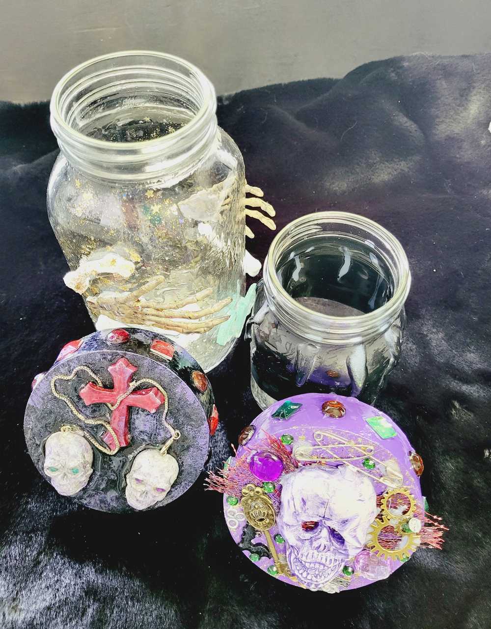 1 litre Mason Jar Filled with Hard Candy. With a Wooden Lid with Resin Skulls & a Cross