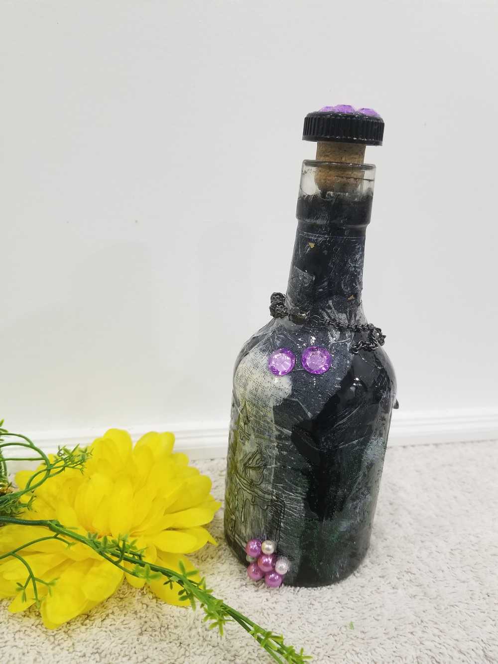 Altered Glass Bottle, Decanter, with a Crow, Chain with Keys, Purple Gems, Re-Usable