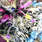 Wood Basket Covered with Black Skull Fabric, with a Purple & Black Flower, Blue Glass Cabochons & a Large Sparkley Spider