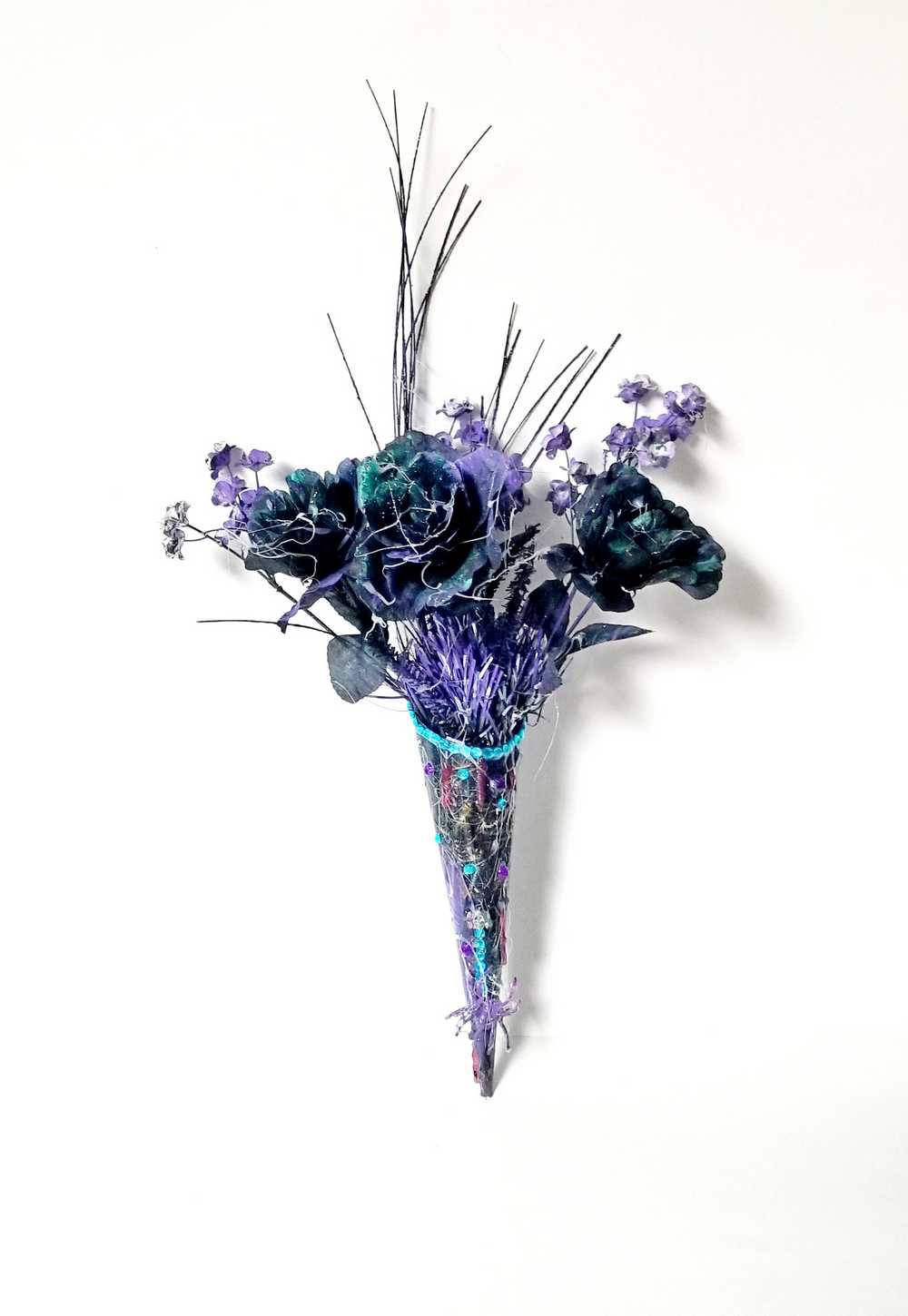 Goth Flower Arrangement, Black & Purple Roses in a Tin Match Cone, with Spiders & Skulls