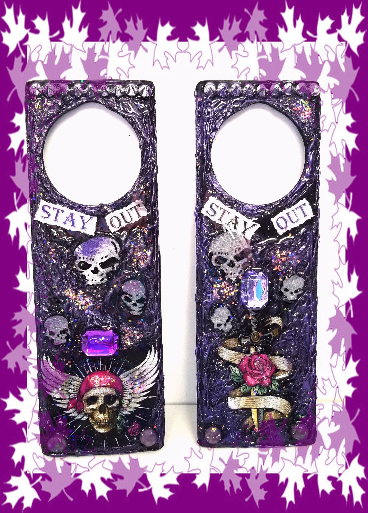 "Stay Out" Door Knob Signs with Skulls, a Dagger, a Rose and a Heart in Black & Purple