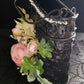 Black Metal Skull Container, with Pink Roses, Container for Dry/Silk Flowers