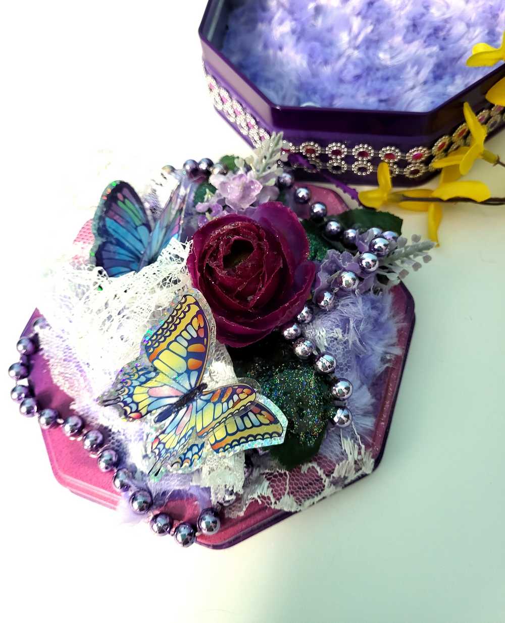 Tin Box Repurposed into a Jewelry Box, Two Butterflies and Deep Purple Rose on Lace