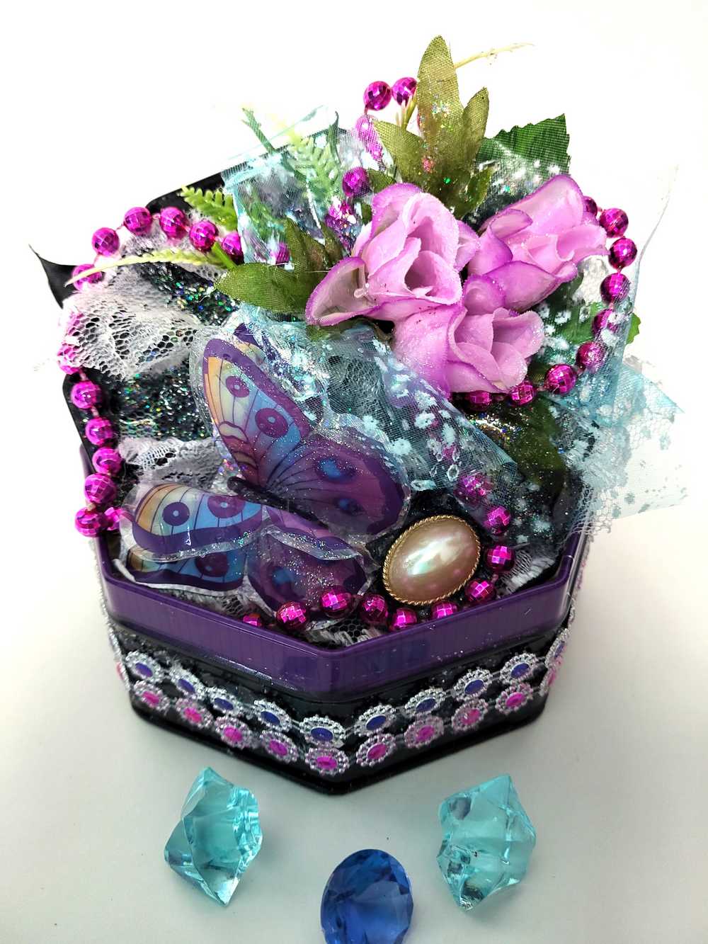 Black Tin Octagon Jewelry, Trinket, Stash Box with Snake Print, Roses and  A Butterfly