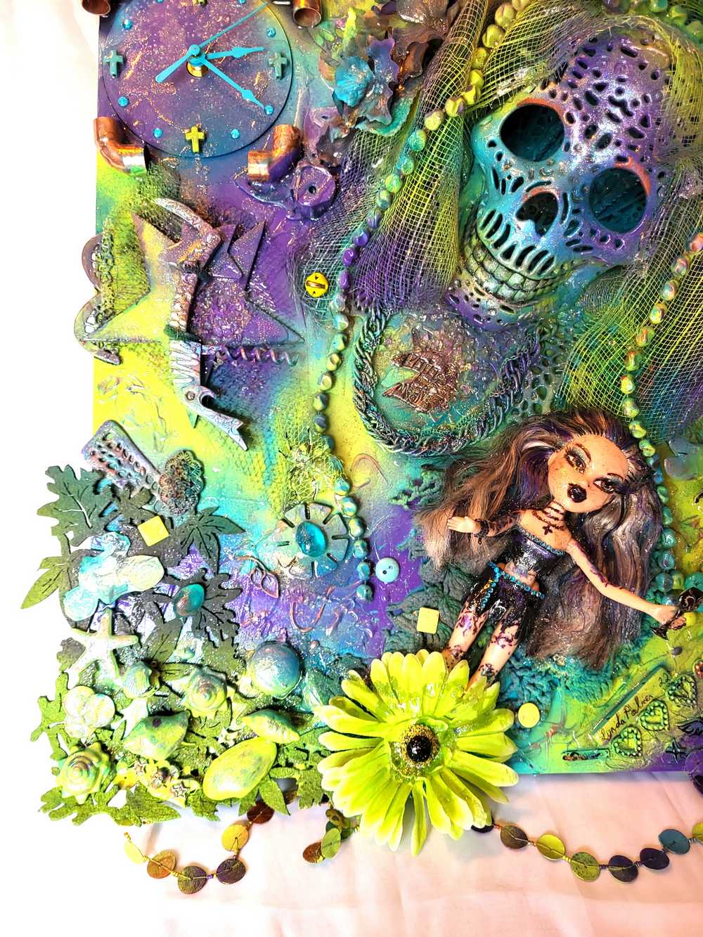 Skull Goddess and The Babe, in Purples & Blues, on 16L x 20W Mixed Media Canvas with Wall Clock