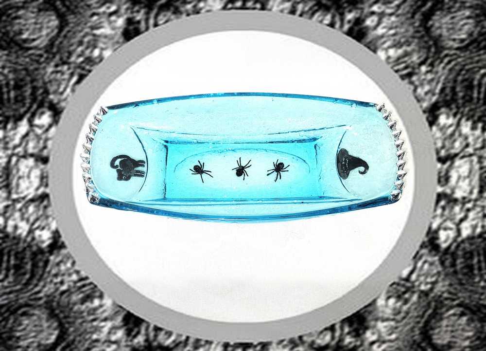 Long Teal Altered Glass Candy Dish with Silver Studs, a Black Cat and a Witch Hat