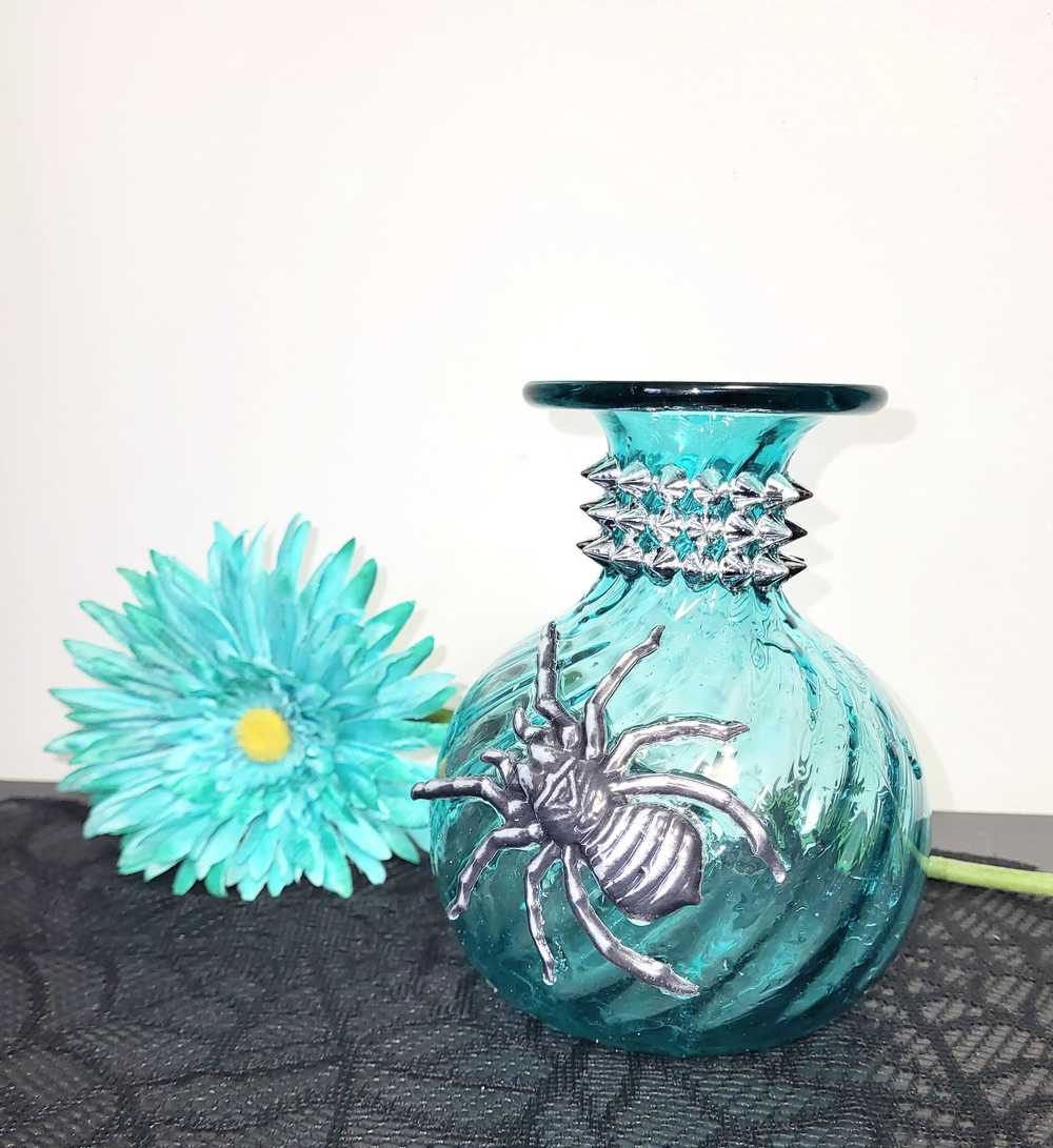 Intense Teal Glass Vase with Shining Silver Studs and a Textured 3D Spider