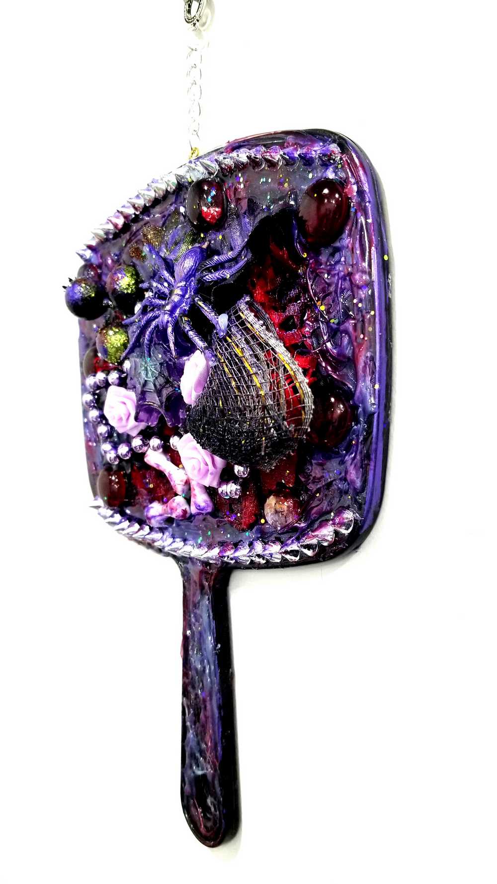 Black Hand Held Mirror with Bones, Roses, a Purple Spider and Her Web