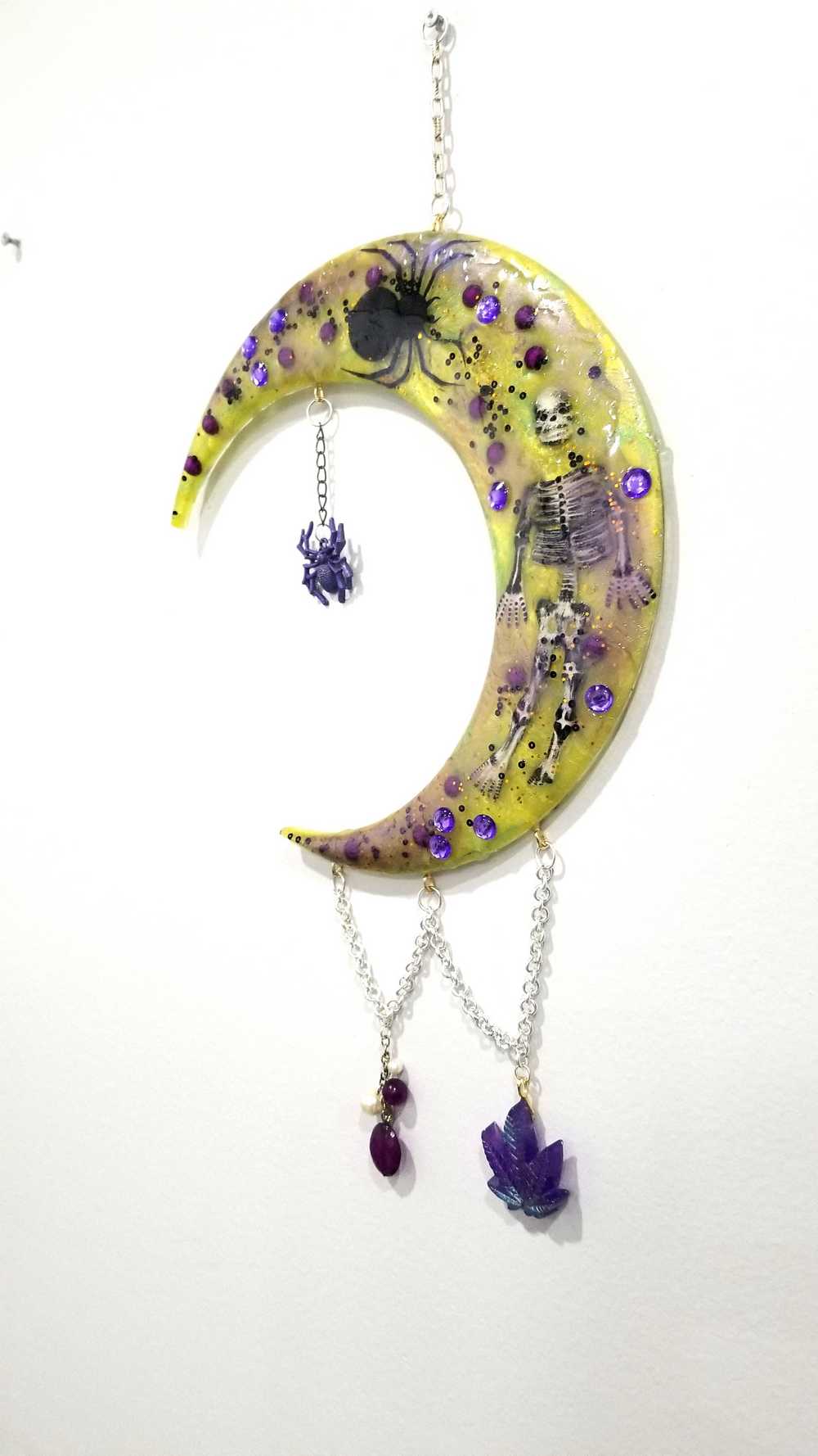 Resin Moon with Purple Beads and Spiders