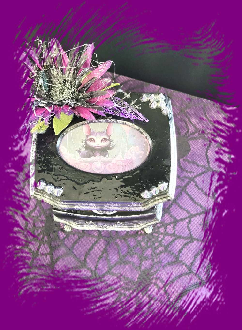 Musical Jewelry Painted Black With Baby Bats, Black & Purple Flower and Silver Spiked Domes