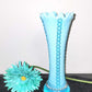 Tall Milky Teal Ruffled Edge Vase with Rows of Teal Flower Sequence Up & Down