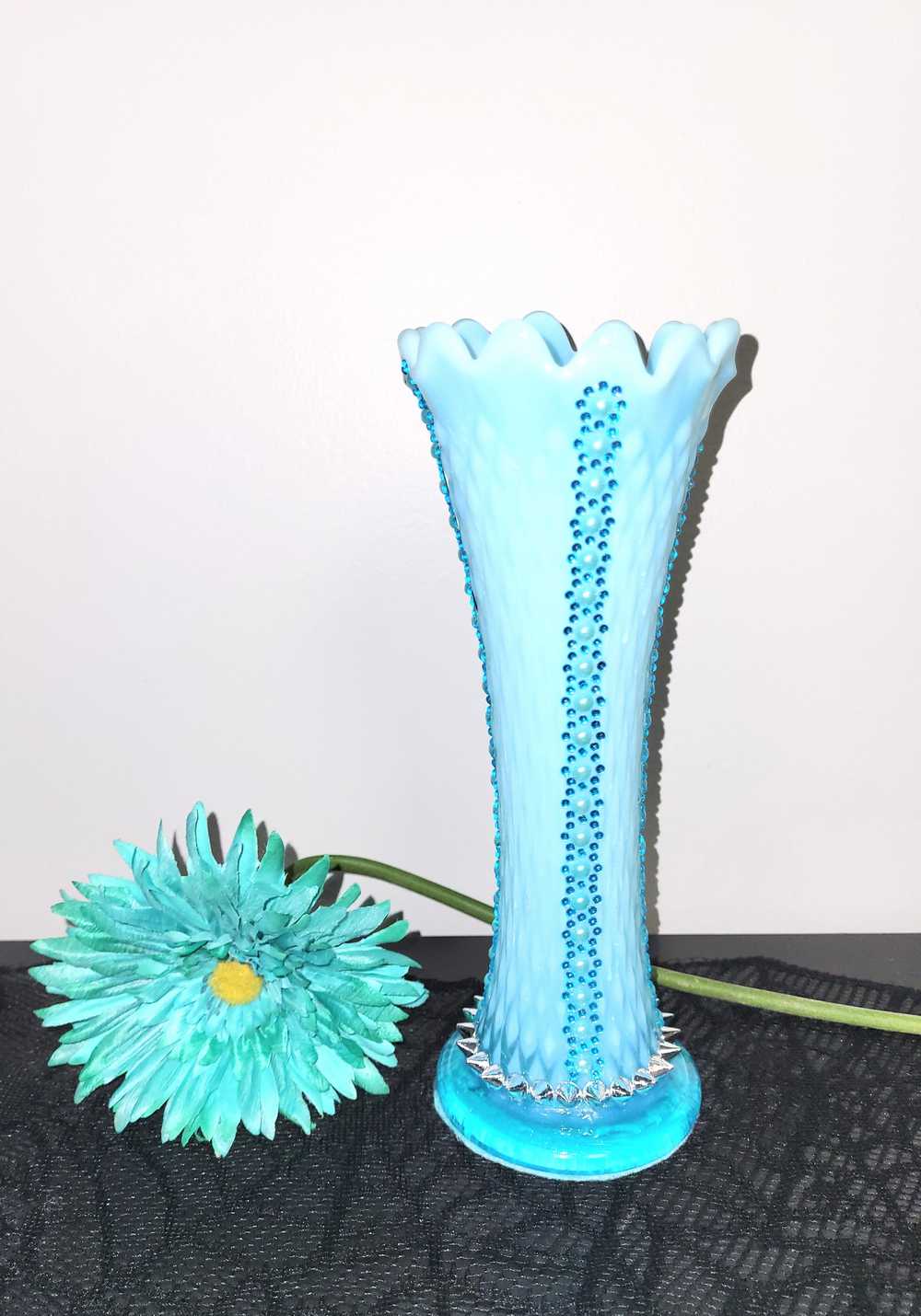 Tall Milky Teal Ruffled Edge Vase with Rows of Teal Flower Sequence Up & Down