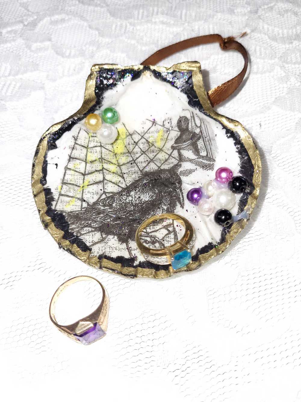 Decoupage Napkins on Sea Shells with Crows, Cobwebs, Potion Bottles & Candles, Hanging Ornament, Clam Shells Decorated